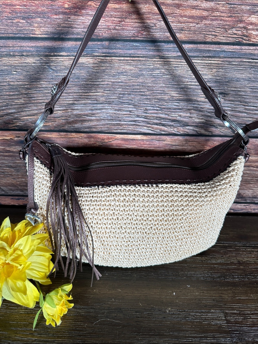 Brighton woven raffia straw shoulder bag features brown leather trim
